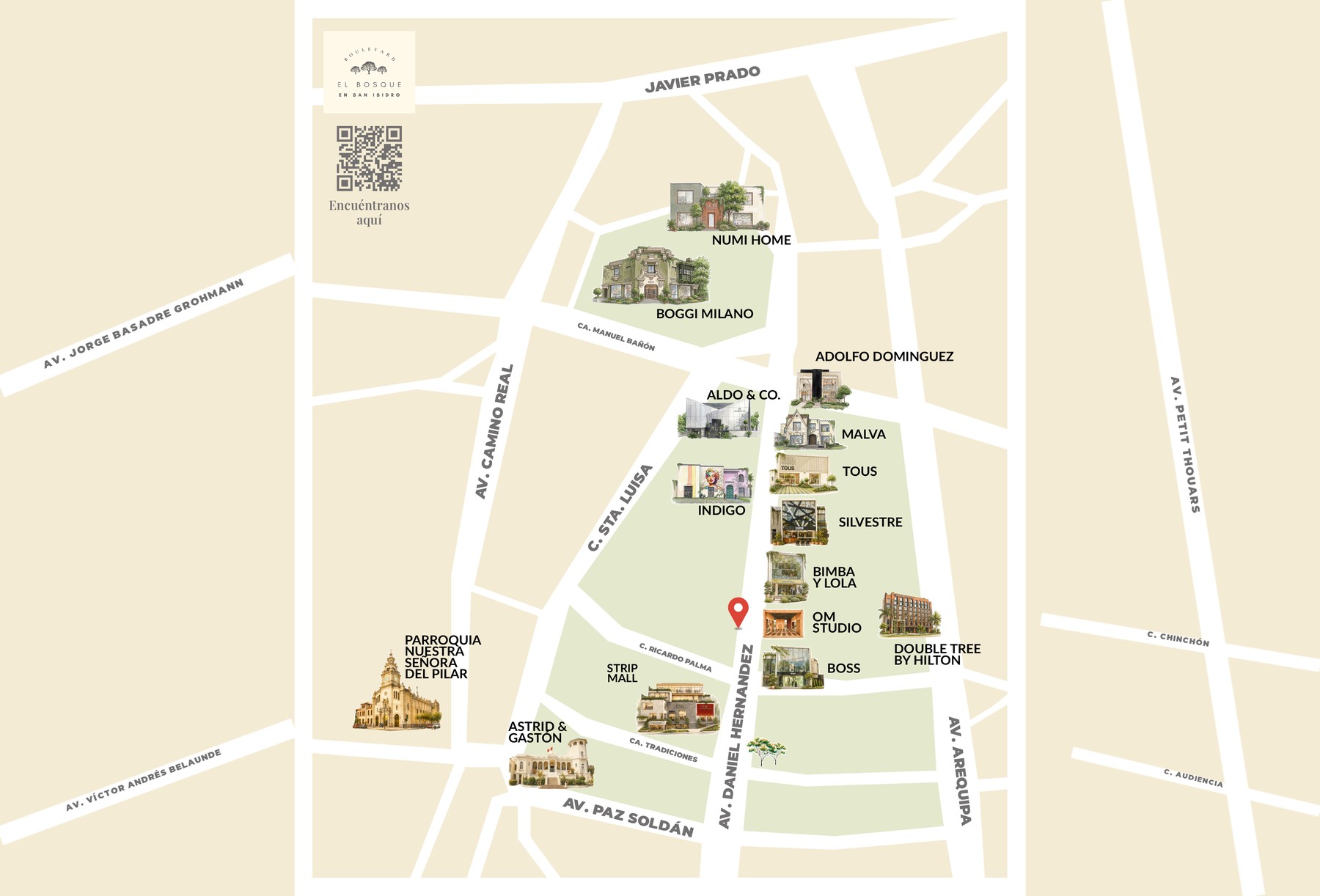 Mapa del Boulevard El Bosque con la ubicación de OM Studio señalada.